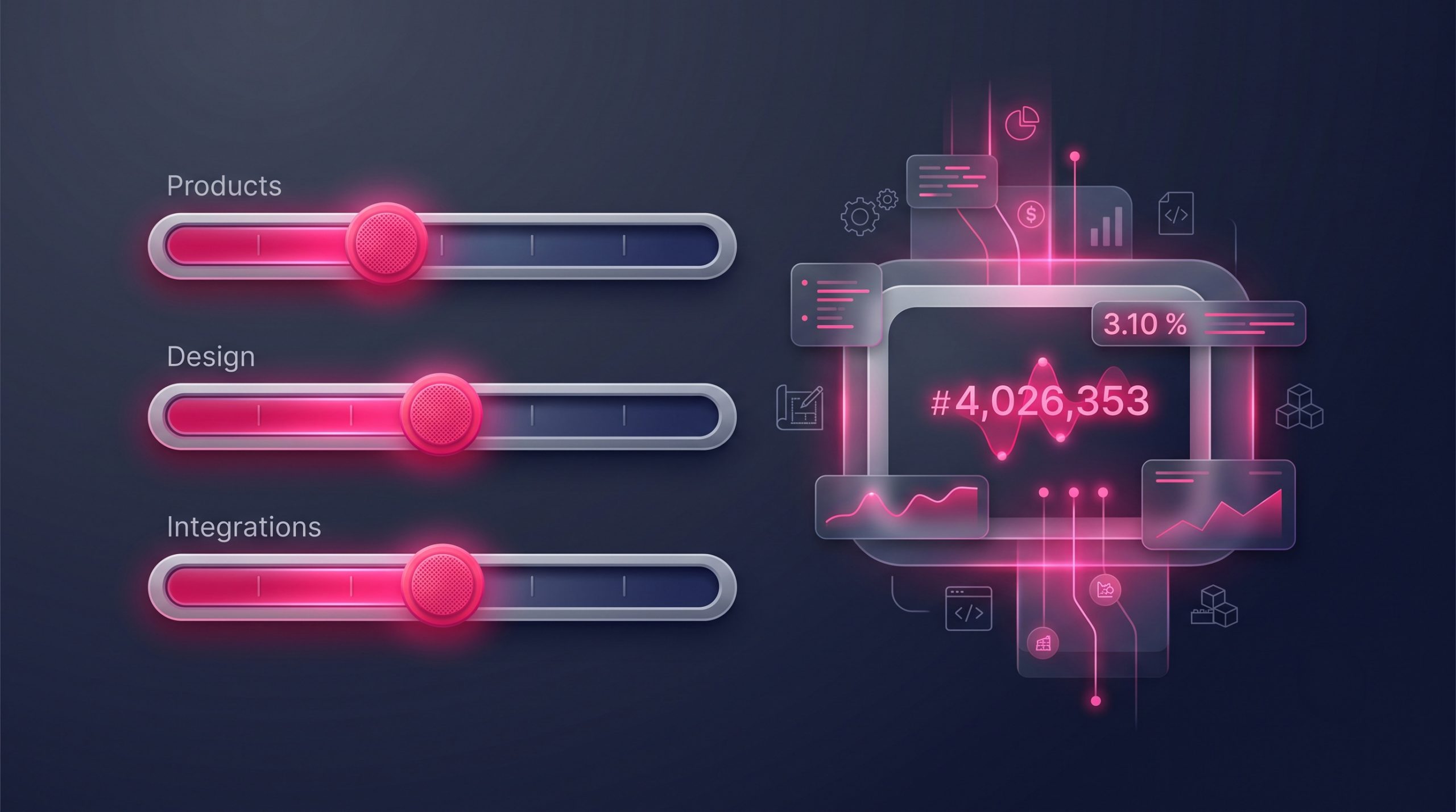 A cost breakdown with sliders for products, design, and integrations adjusting a total figure.