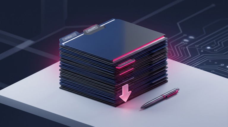 A neat stack of 16 labelled legal document folders with a pen and a subtle download arrow, on a clean desk.
