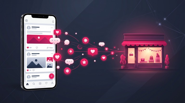 A phone showing a social feed with engagement icons flowing outward toward a small storefront.