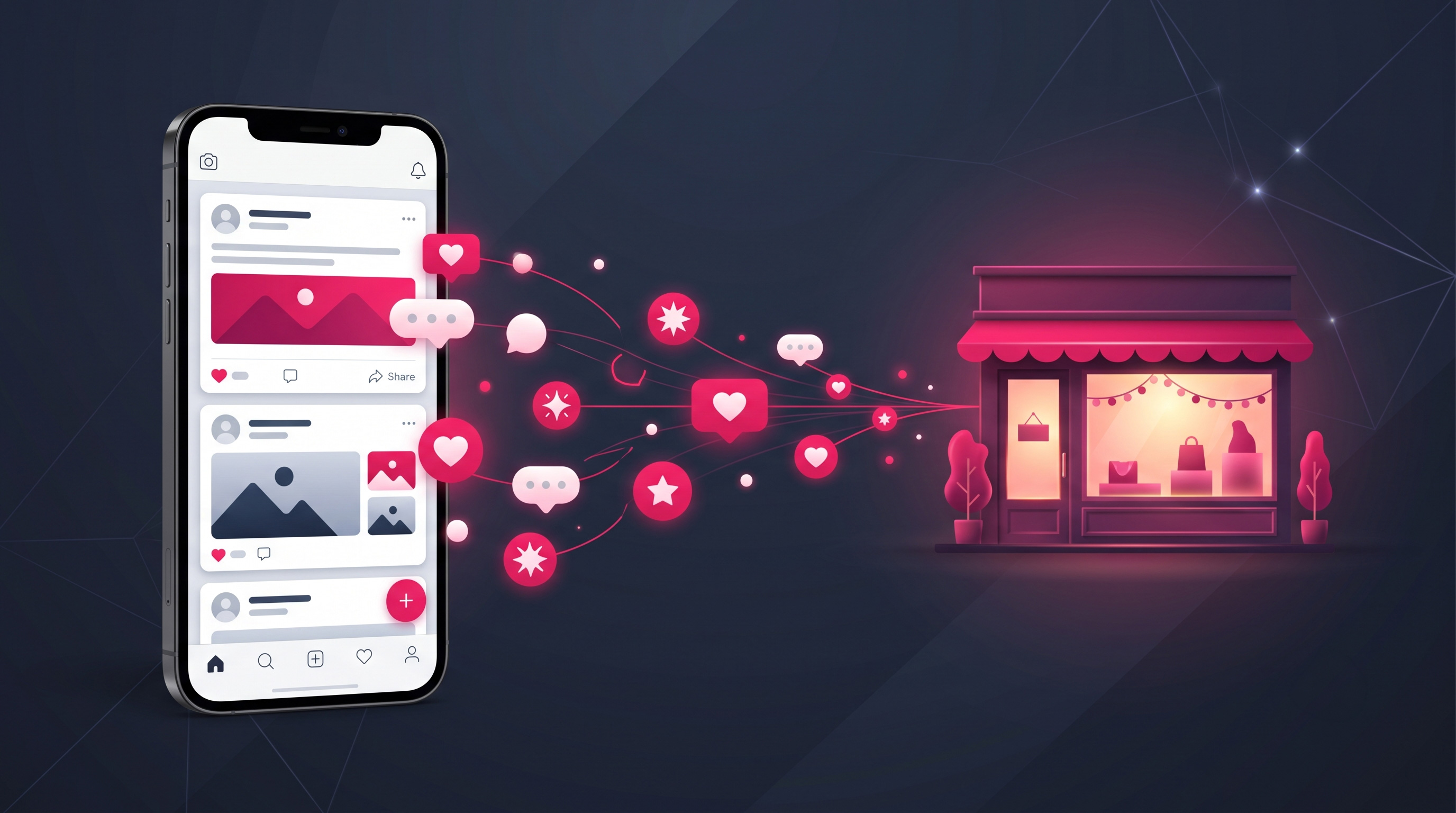 A phone showing a social feed with engagement icons flowing outward toward a small storefront.