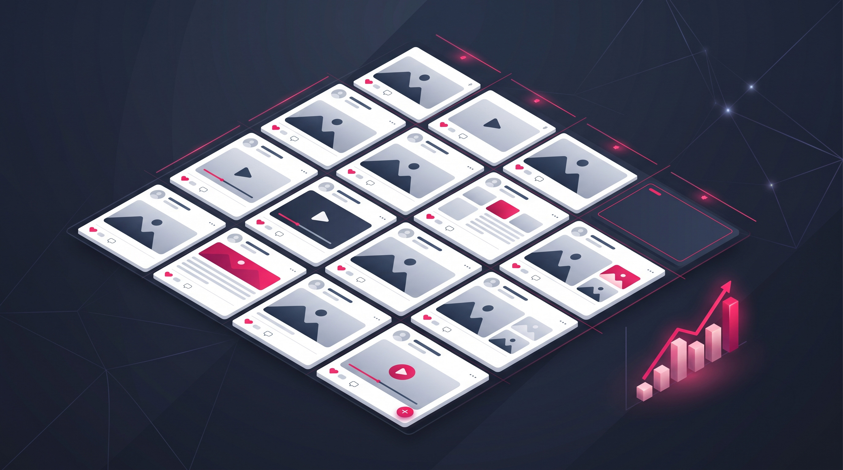 A content calendar grid of post thumbnails with a small rising engagement chart.