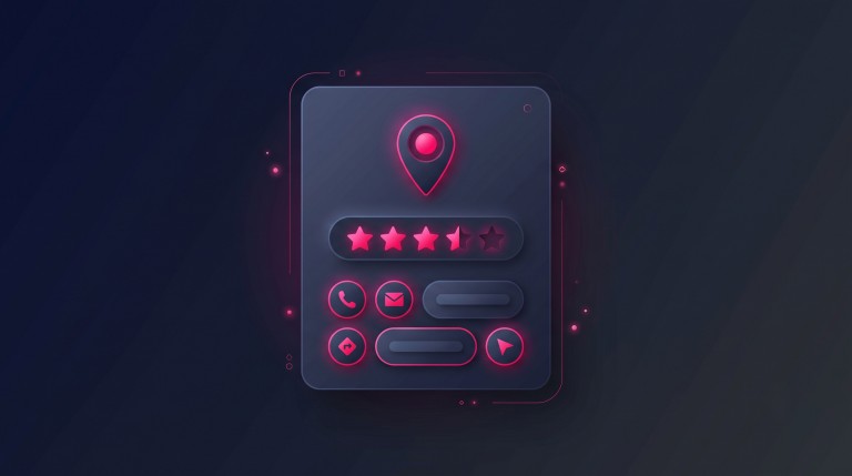 A business storefront listing card with a map pin, star rating, and contact buttons.