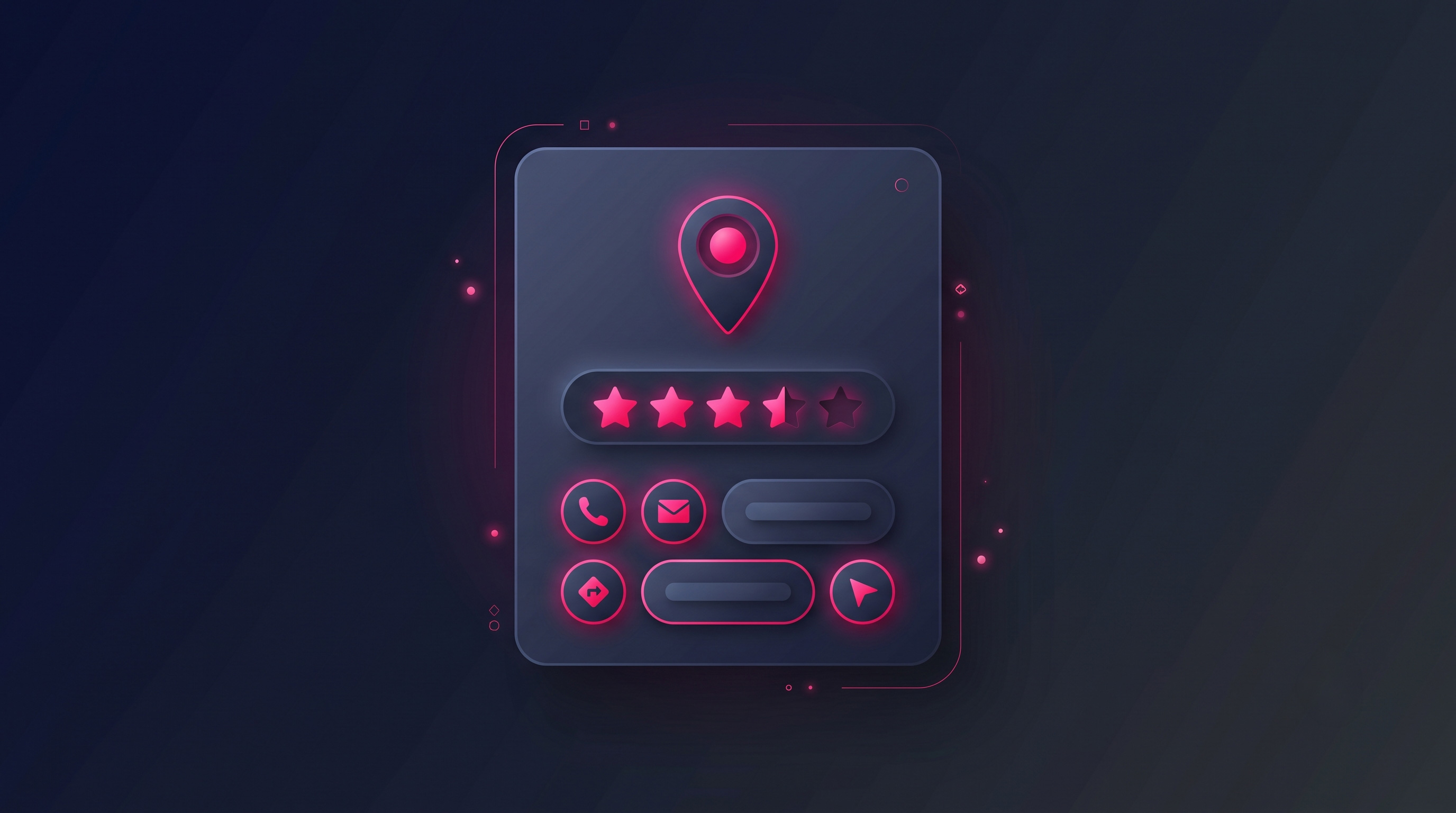 A business storefront listing card with a map pin, star rating, and contact buttons.