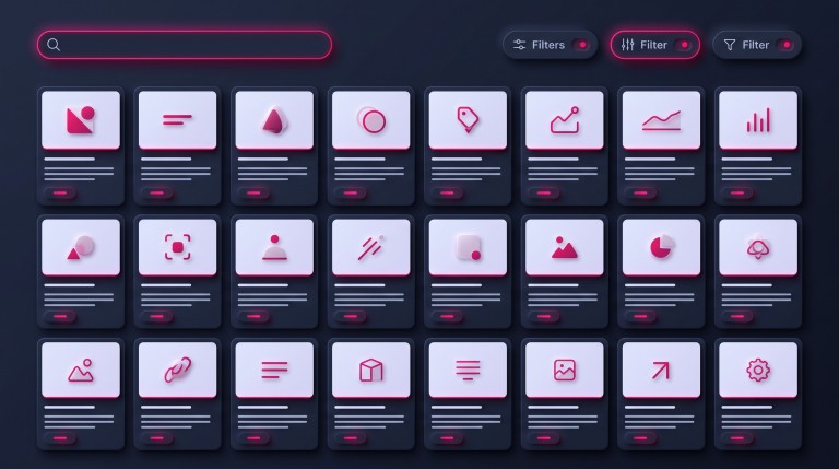 A marketplace grid of listing cards with a search bar and filter controls above it.