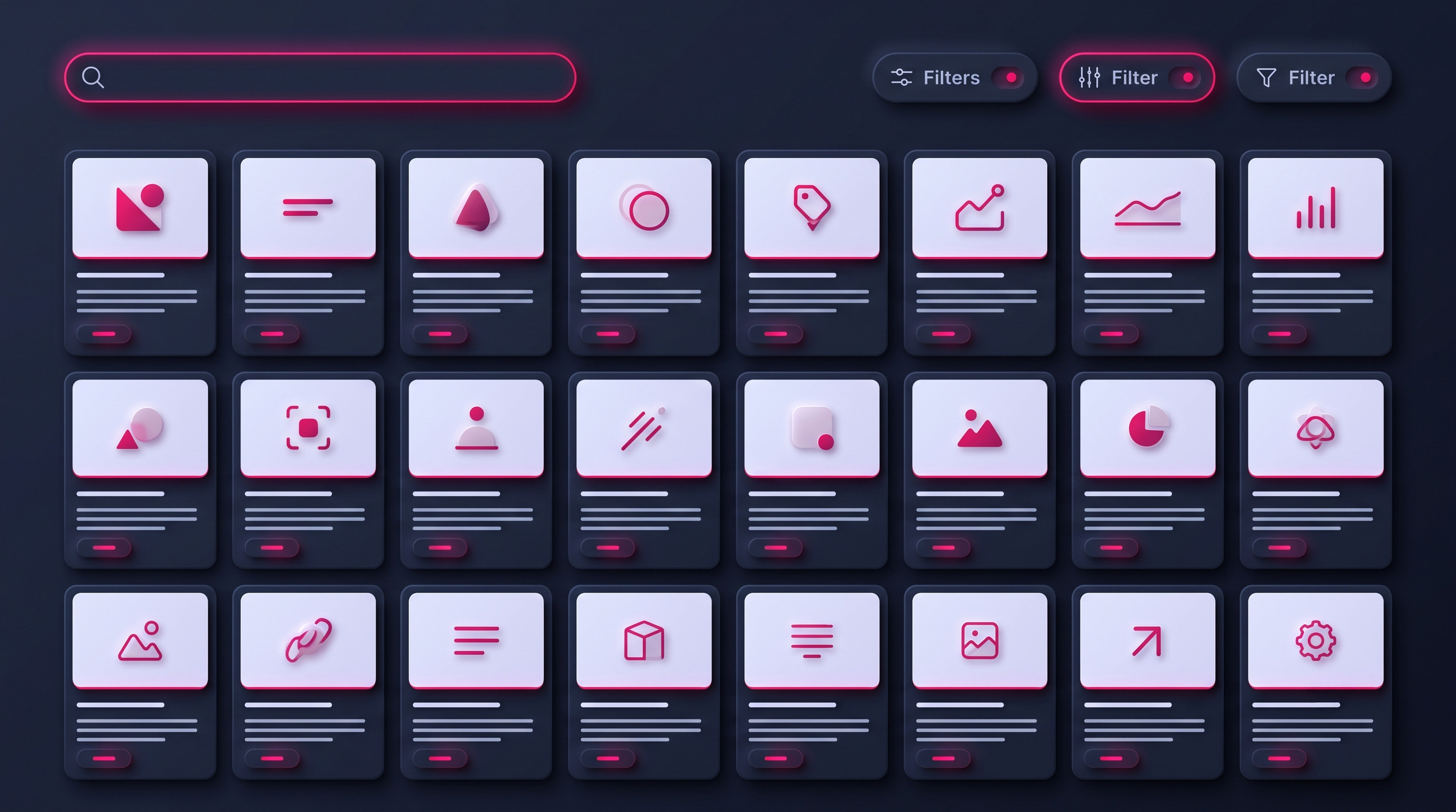 A marketplace grid of listing cards with a search bar and filter controls above it.