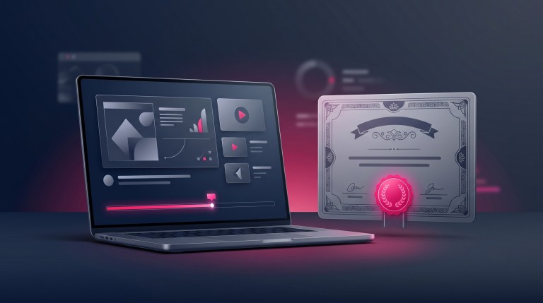 A laptop showing an online course lesson with a progress bar and a certificate beside it.
