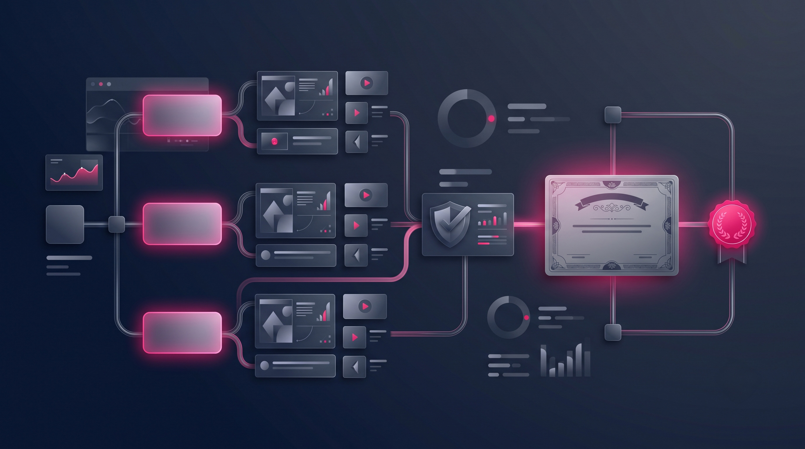 A course structure diagram: sections, lessons, a quiz, and a certificate at the end.