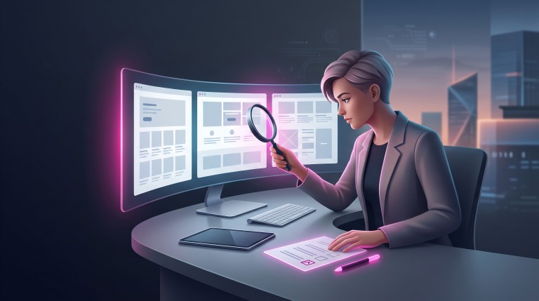 A business owner reviewing website mockups with a magnifying glass and a checklist.