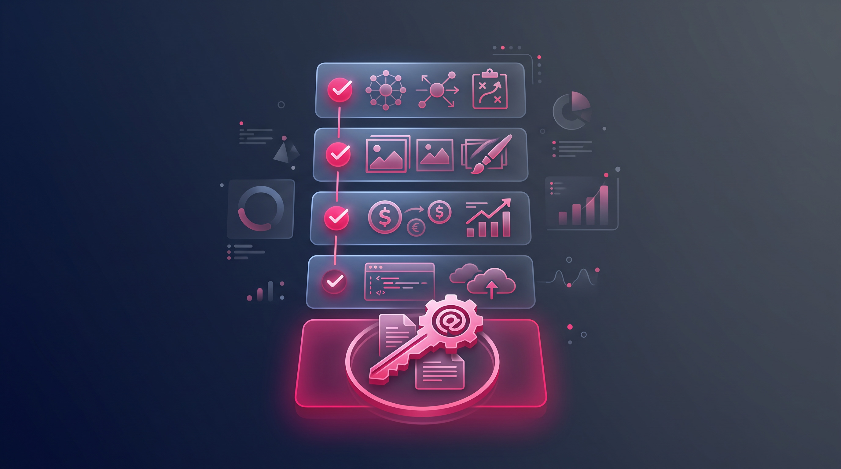 A checklist of agency-selection questions with a key icon representing ownership of domain and files.