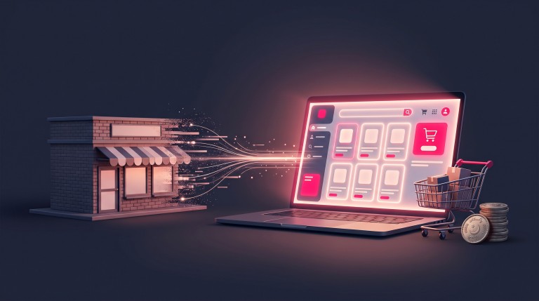 A physical shopfront transforming into a glowing online store on a laptop screen, with a shopping cart and stacked Pakistani rupee coins beside it.