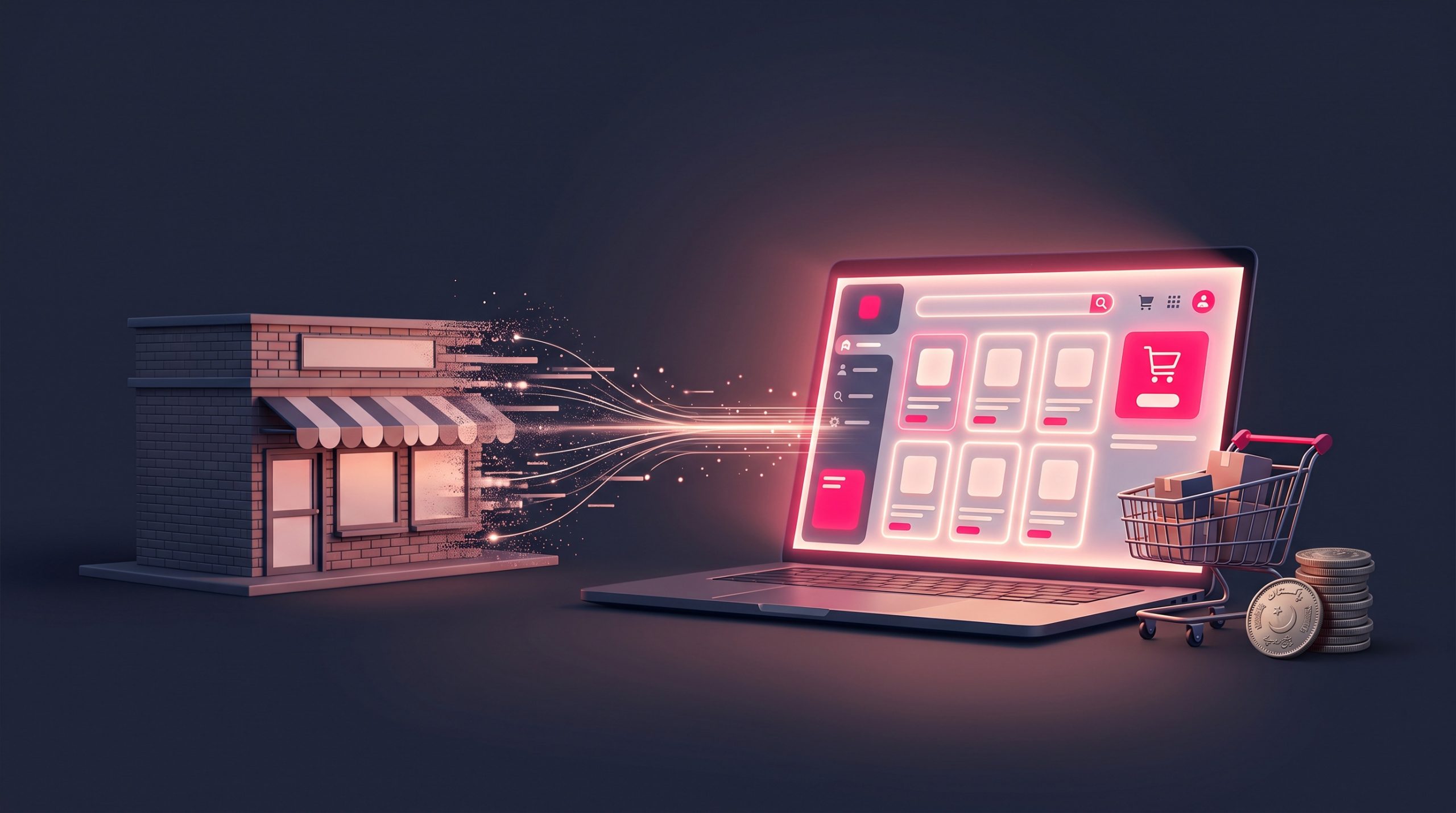 A physical shopfront transforming into a glowing online store on a laptop screen, with a shopping cart and stacked Pakistani rupee coins beside it.