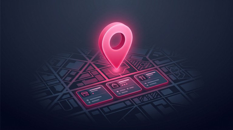 A glowing map pin rising above a stylised city map with three highlighted business listings beneath it.