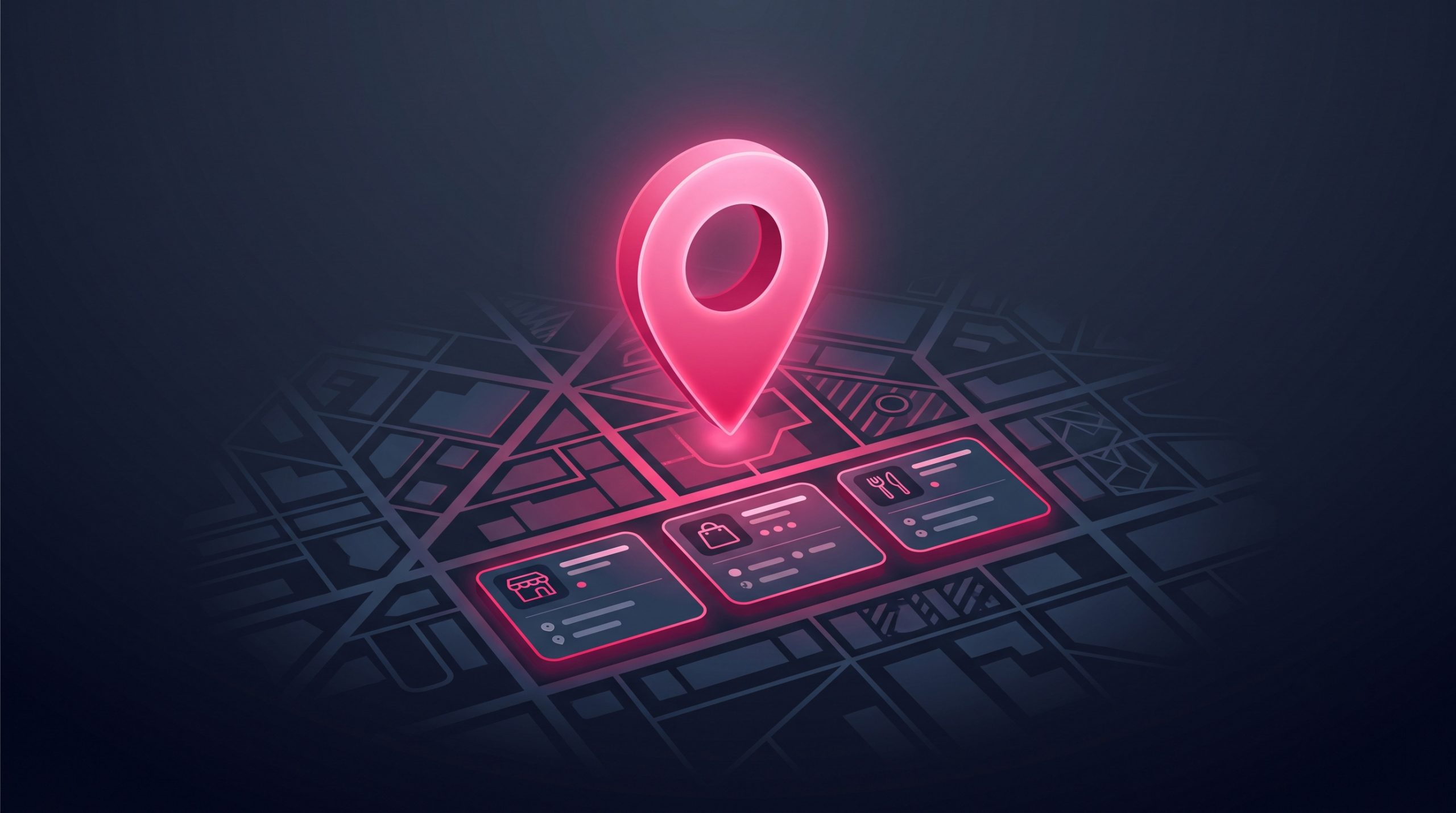 A glowing map pin rising above a stylised city map with three highlighted business listings beneath it.
