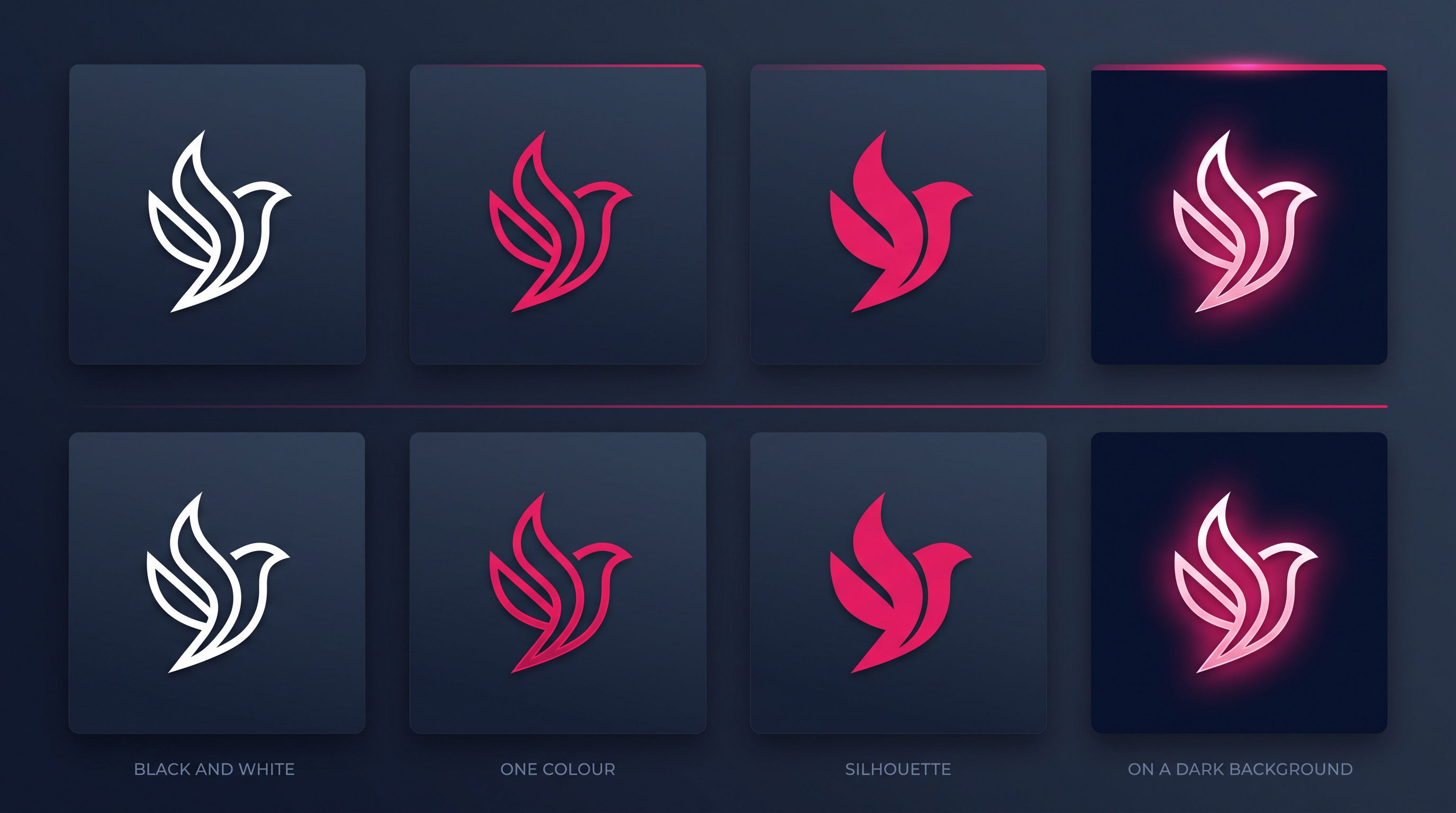 The same logo passing tests: in black and white, in one colour, as a silhouette, and on a dark background.