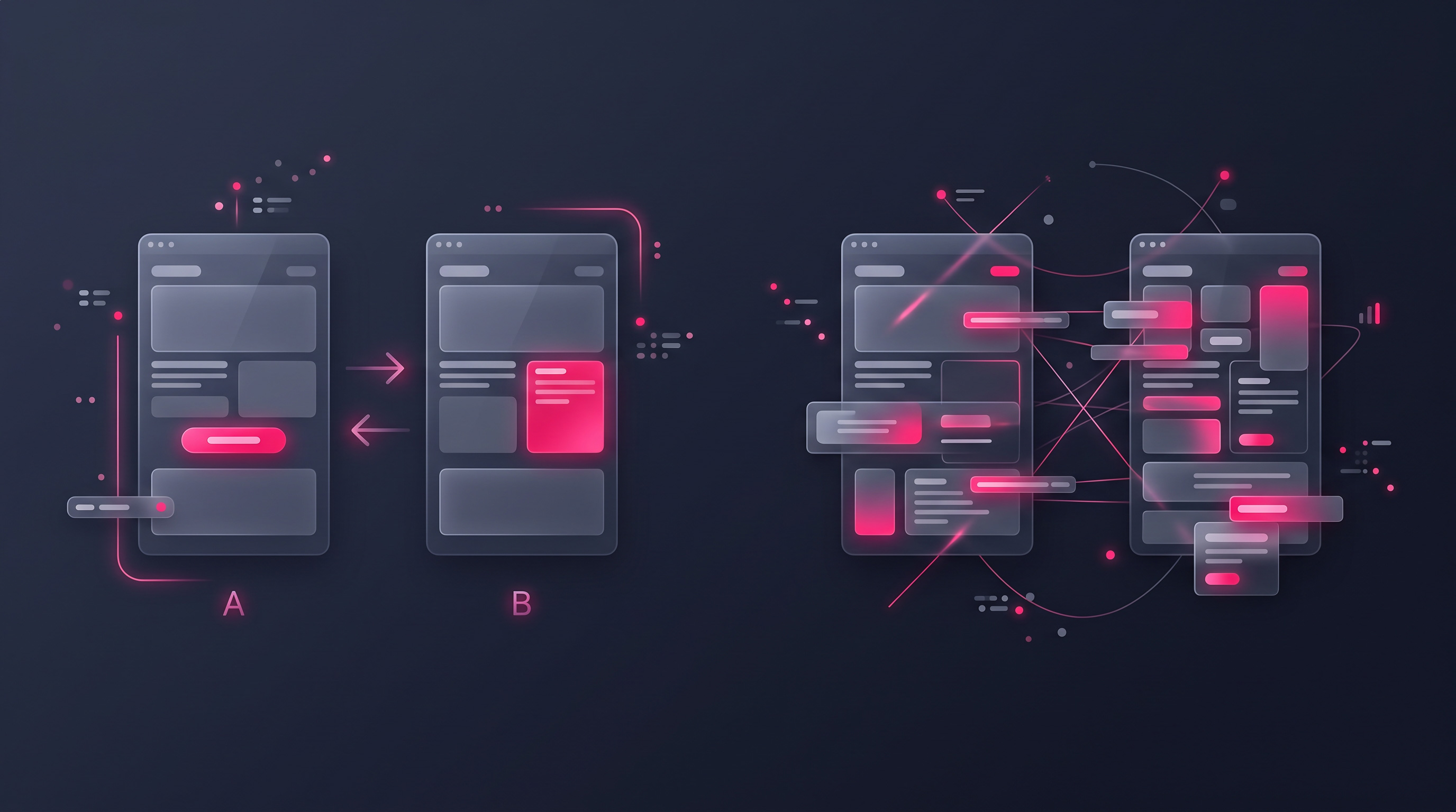 A clean A/B test with a single variable isolated, versus a cluttered one with many changes at once.