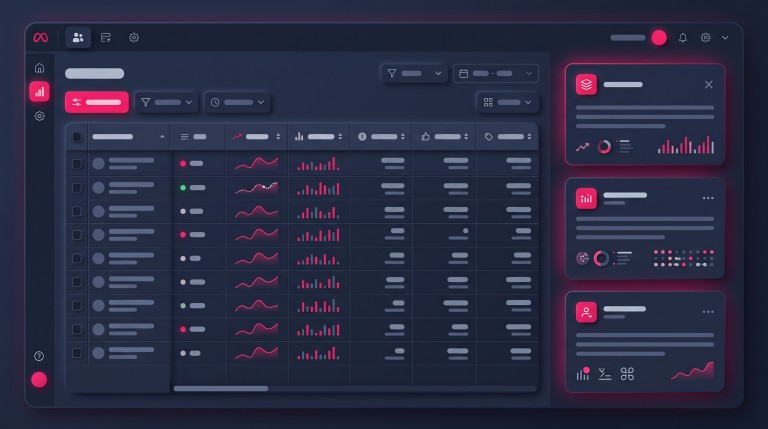 A realistic Meta Ads Manager dashboard with a metrics table and definition cards, clean and readable.