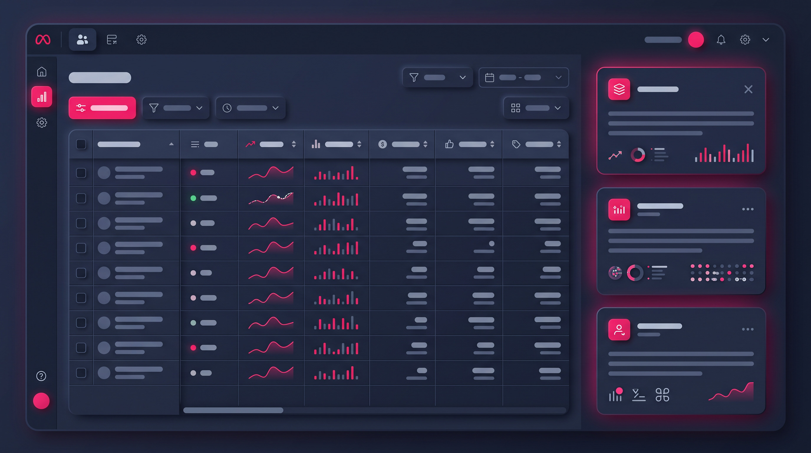 A realistic Meta Ads Manager dashboard with a metrics table and definition cards, clean and readable.