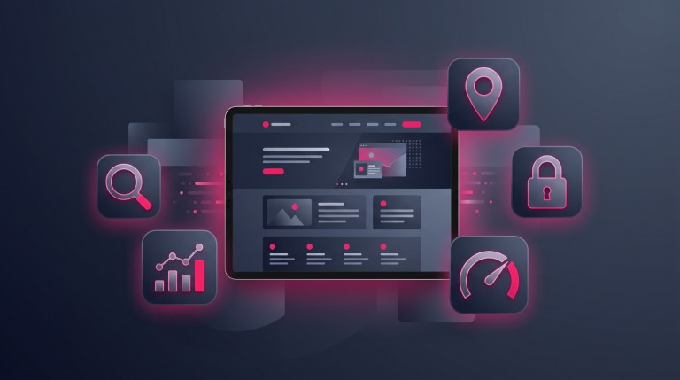 A freshly launched website on a screen surrounded by setup icons — Search Console, analytics, a map pin, a padlock, and a speed gauge.