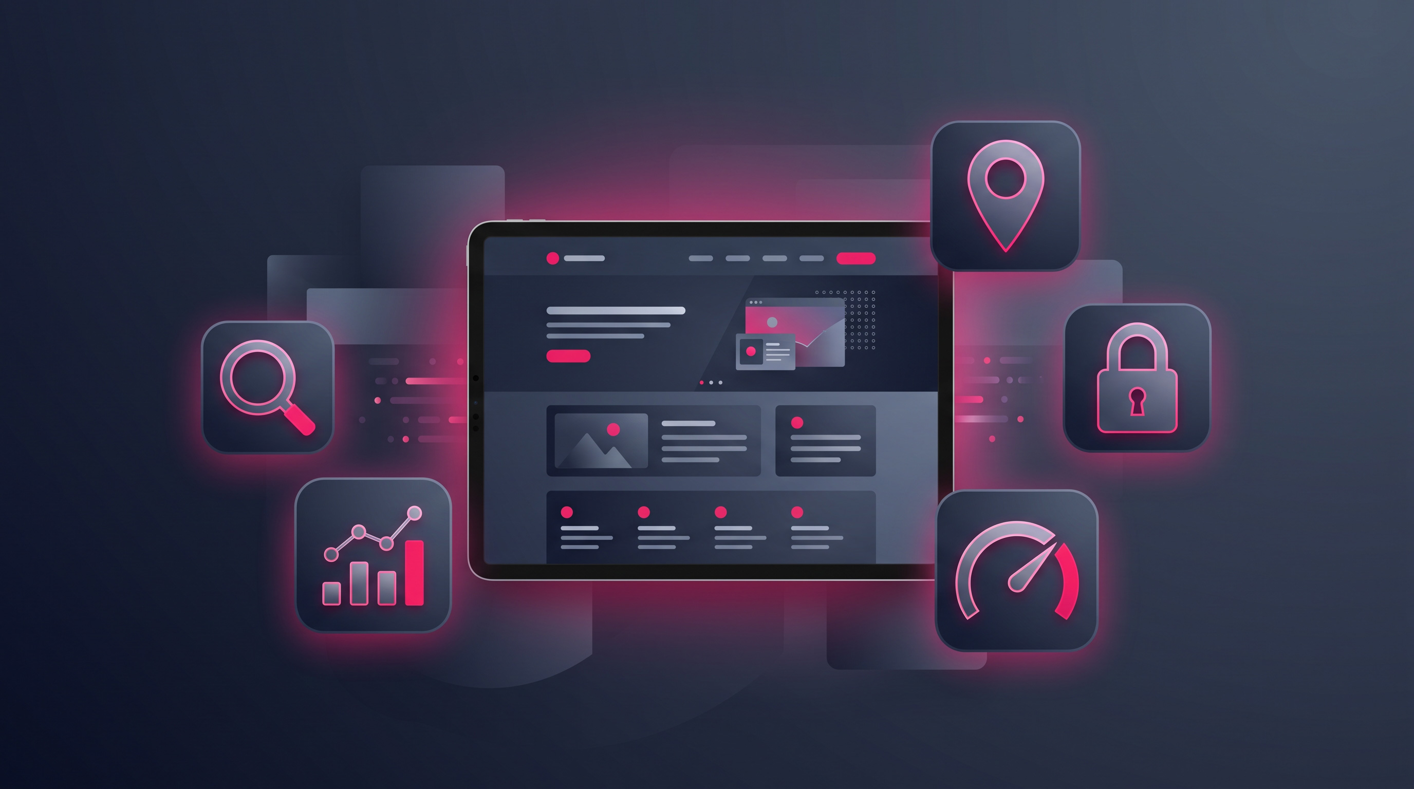 A freshly launched website on a screen surrounded by setup icons β Search Console, analytics, a map pin, a padlock, and a speed gauge.