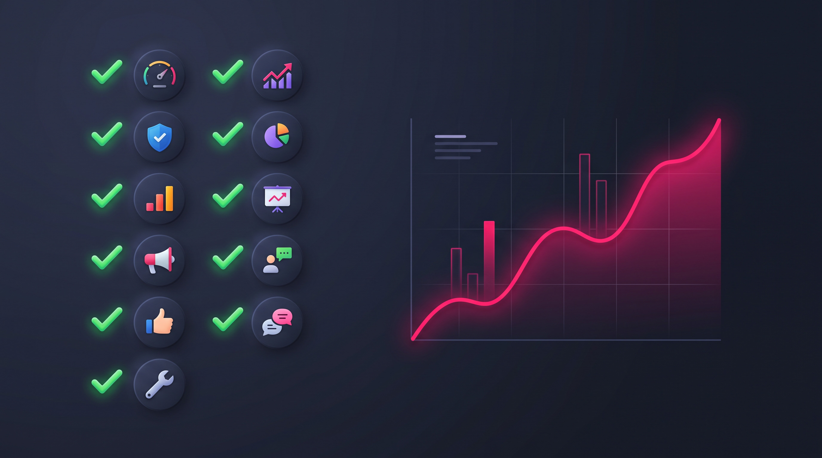 A 10-step post-launch checklist with each item gaining a green checkmark, beside a rising traffic line.