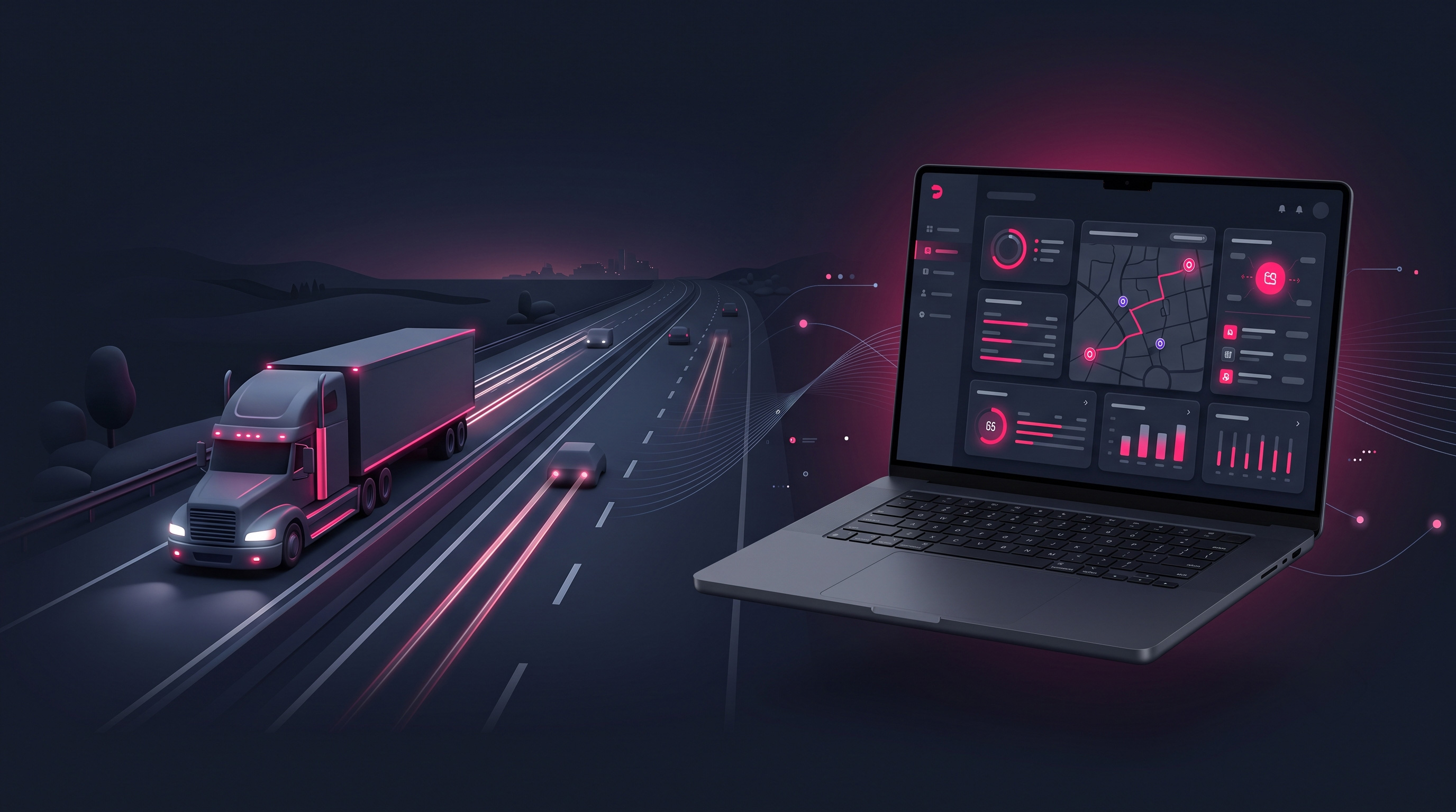 A long-haul truck on a highway alongside a laptop showing a dispatch dashboard.