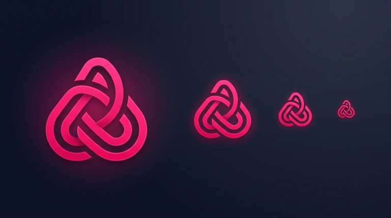 One clean abstract logo mark shown at several sizes and in a single colour, demonstrating versatility.