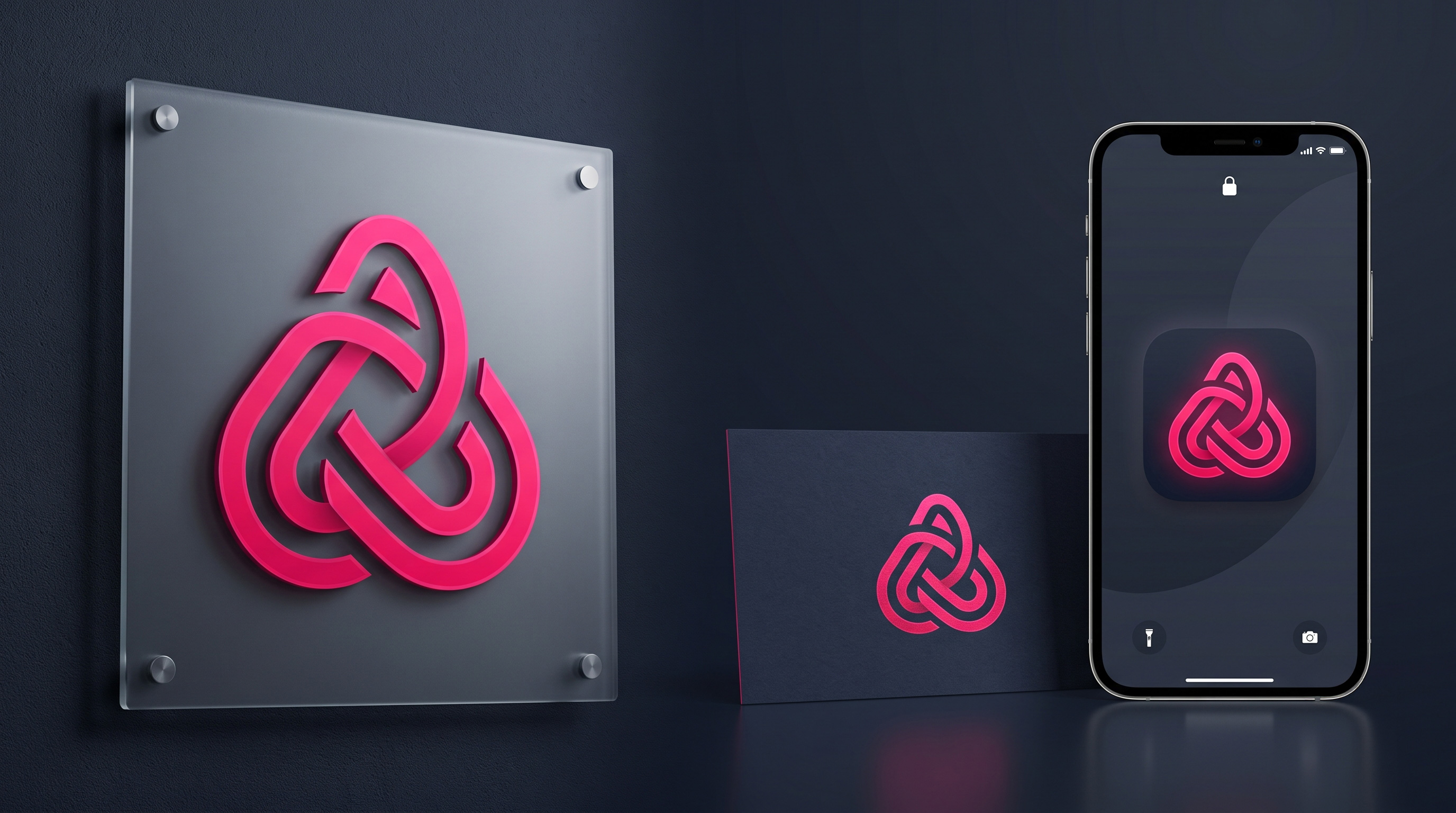The same logo mark shown on a signboard, a business card, and a phone screen, recognisable on each.