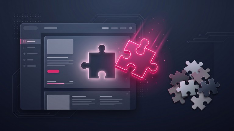 A single clean puzzle piece slotting perfectly into a website, beside a pile of mismatched pieces.