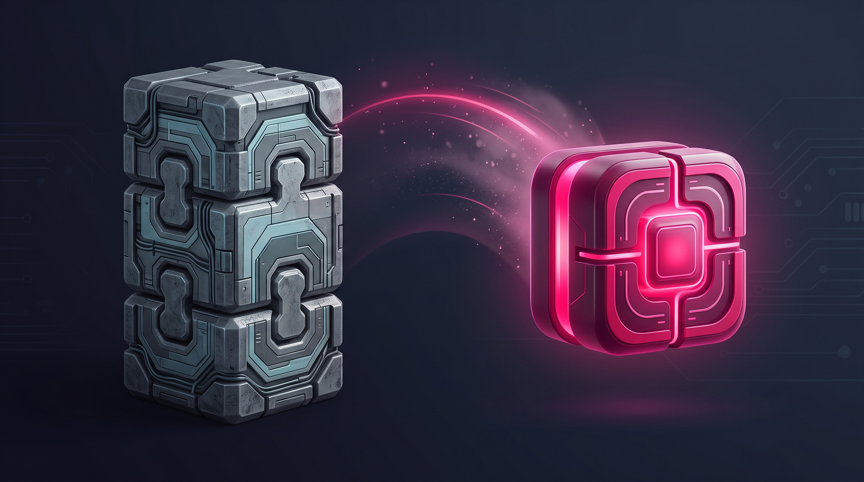 Three stacked, clunky plugin blocks being replaced by one streamlined block.