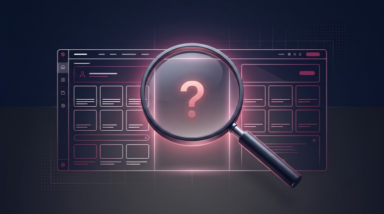 A magnifying glass passing over an area where a website should be but isn't, with a faint question mark.