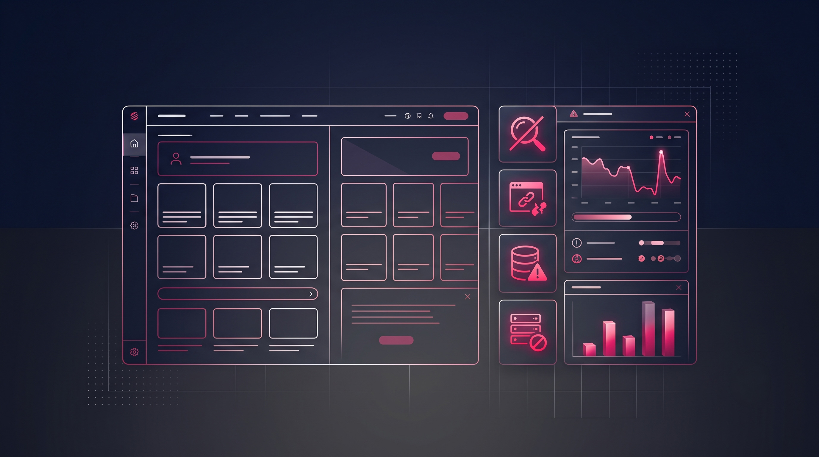 A diagnostic panel beside a website showing warning icons for indexing problems being identified.