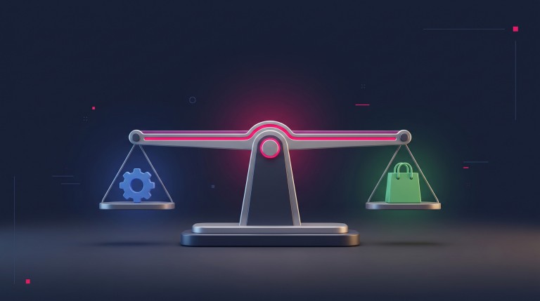 A balanced scale weighing a blue cog against a green shopping bag, a clean platform-versus-platform comparison.