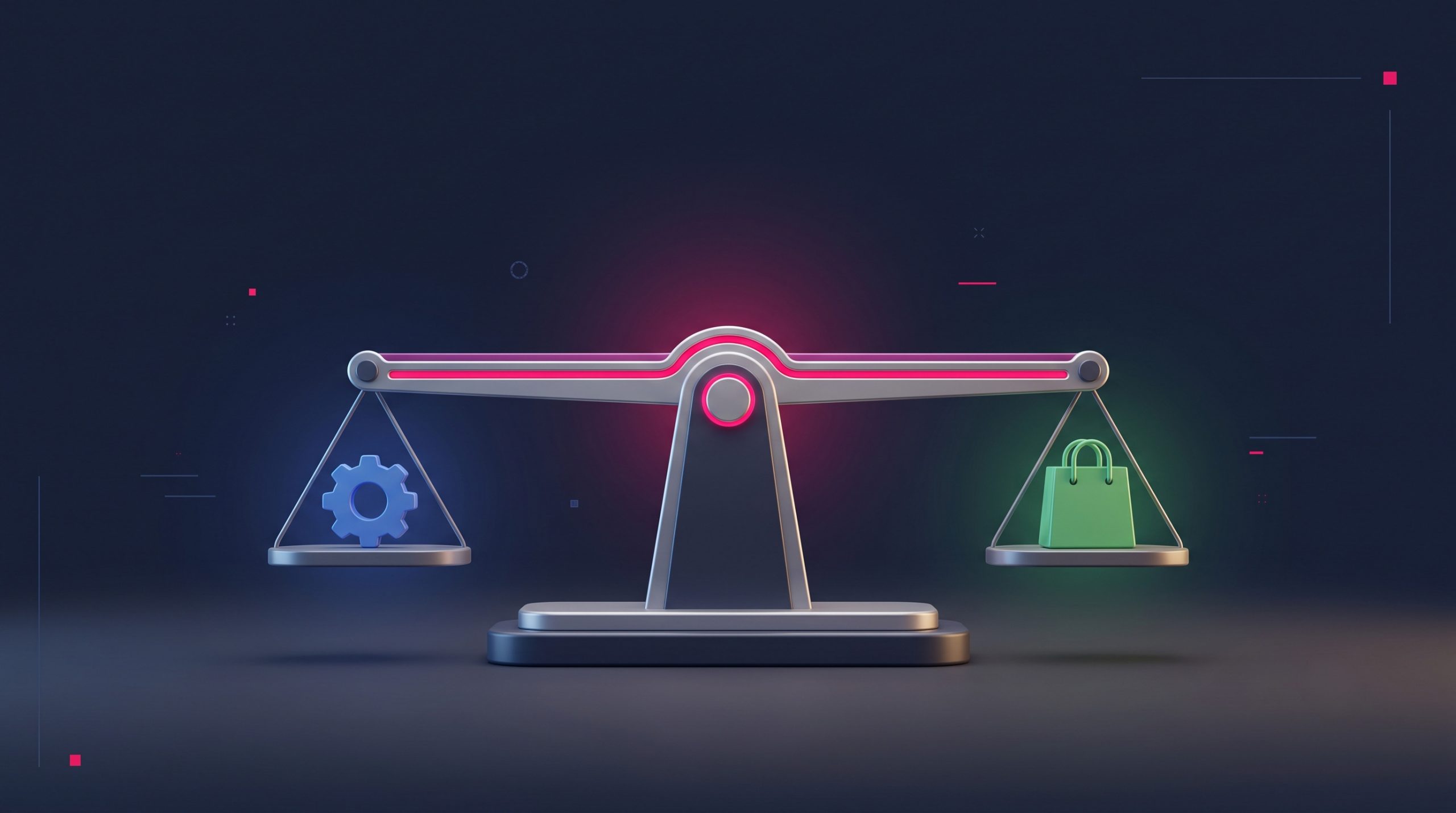 A balanced scale weighing a blue cog against a green shopping bag, a clean platform-versus-platform comparison.