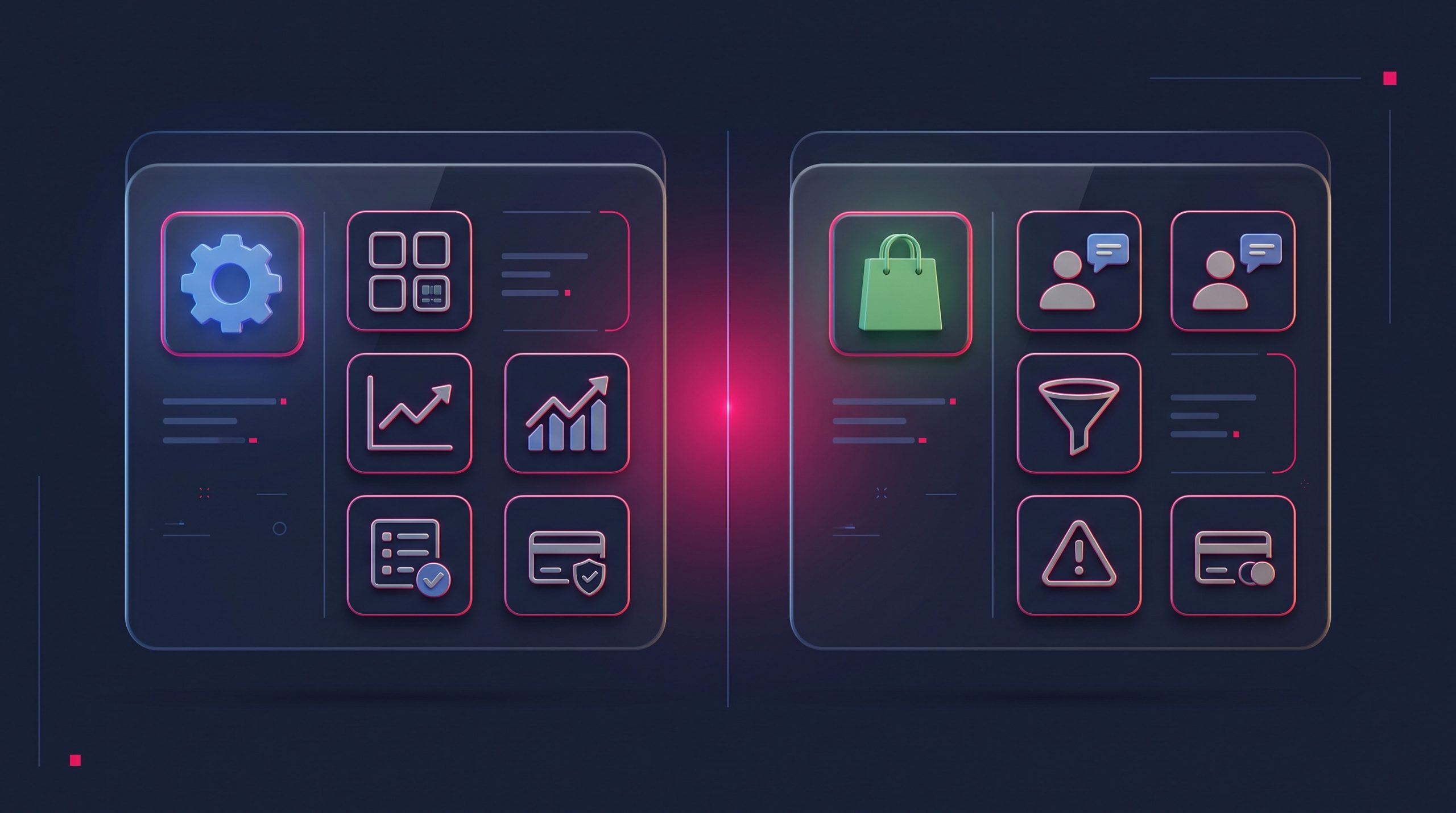 Two side-by-side dashboard panels representing two e-commerce platforms compared feature by feature.